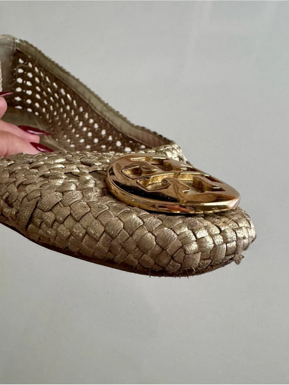 Tory Burch Metallic Gold Woven Flats with Logo Medallions